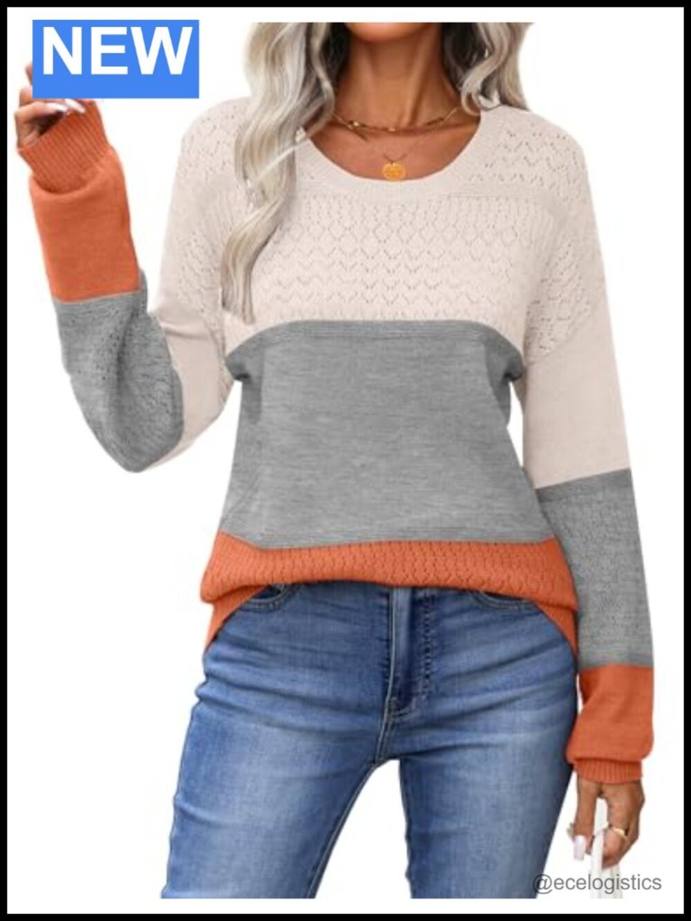 Soft Knit Crew Neck Pullover Sweater Crochet Lantern Sleeve Lightweight Fall Top